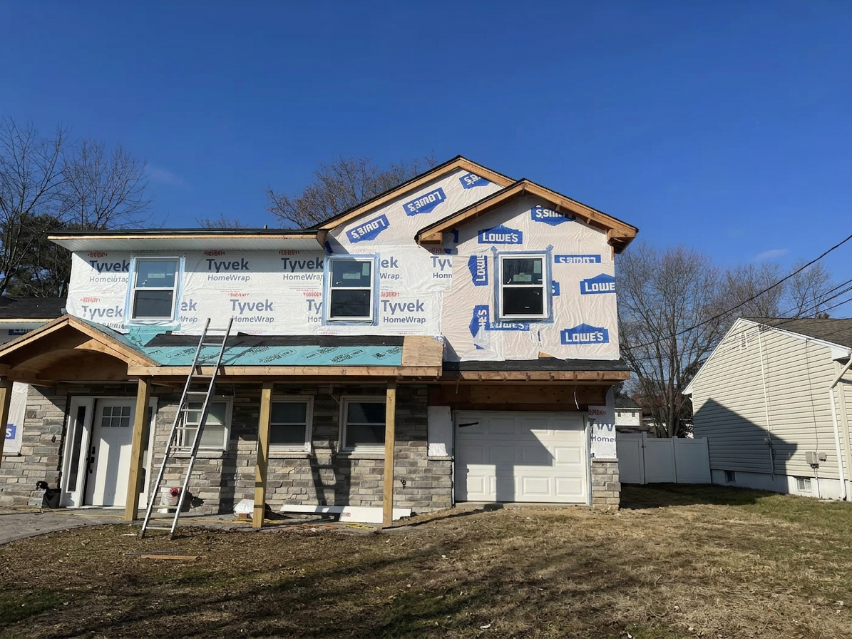 Open framing wrapped in weather-tight Tyvek shell — after
